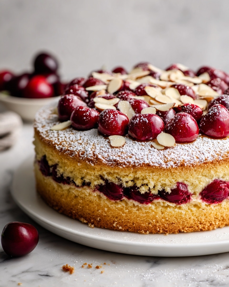 A round cake sits on a white plate over a white marbled surface. The cake has two layers: a golden brown bottom layer with a soft texture, and a lighter top layer filled with bright red cherries. The top is decorated with whole cherries and thin, light beige almond slices scattered all over. A light dust of white powder covers the cherries and almond slices, adding a delicate touch. The edges of the cake are slightly rough, showing the soft inside. photo taken with an iphone --ar 4:5 --v 7