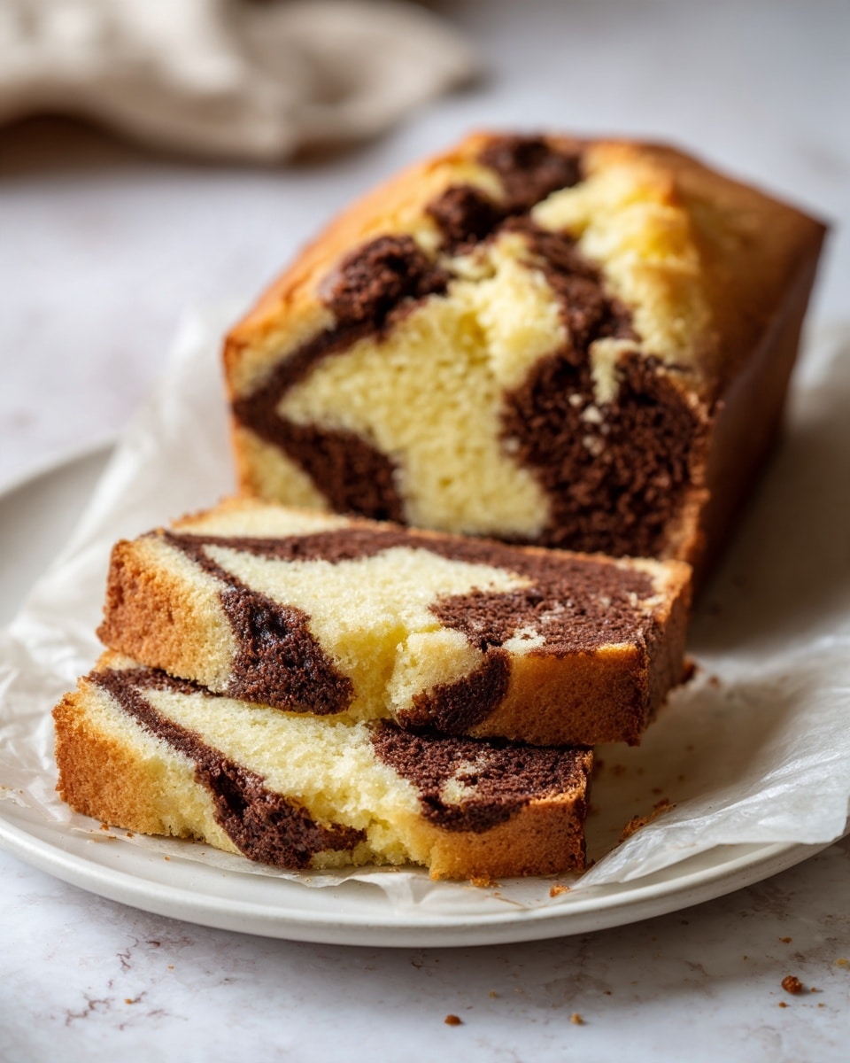 A loaf of marble cake is shown on a white plate with a white marbled texture surface underneath. The cake has two visible layers with a light yellow vanilla base and dark brown chocolate swirls that create a marbled pattern throughout. The outer crust is golden brown, slightly rough and firm. In front, two slices are cut and laid flat, displaying the inside marbled mix with soft and moist textures. The background is softly blurred. photo taken with an iphone --ar 4:5 --v 7
