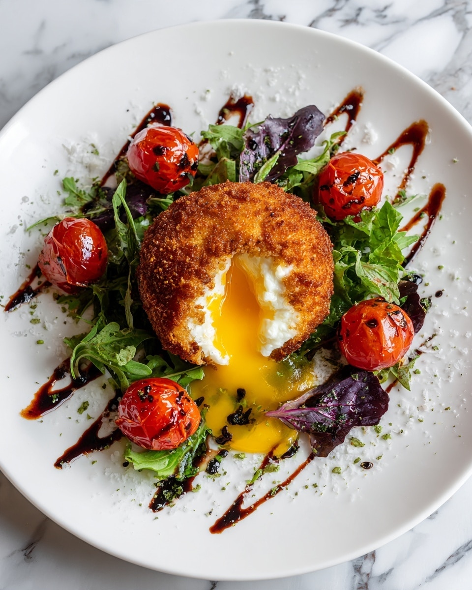 On a white plate with a white marbled texture background, there is one main round fried item with a golden-brown crispy crust and a soft white and bright yellow creamy center showing, placed on top of fresh green and purple leafy salad. Around it, there are several shiny red cherry tomatoes with small green leaves scattered among them. The dish is sprinkled with coarse white salt and drizzled with dark balsamic glaze. photo taken with an iphone --ar 4:5 --v 7