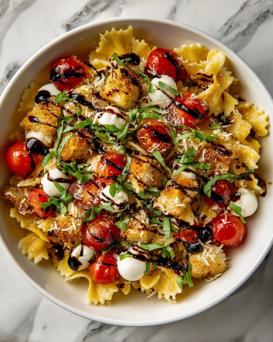 A white bowl filled with wavy pasta as the bottom layer, topped with halved bright red cherry tomatoes and small white mozzarella balls scattered evenly. Golden brown crispy croutons are spread across the dish, with thin strips of fresh green basil sprinkled all over. A dark balsamic glaze is drizzled in thin lines on top, along with a light dusting of grated cheese, creating a mix of soft and crunchy textures. The scene is set on a white marbled surface. photo taken with an iphone --ar 4:5 --v 7