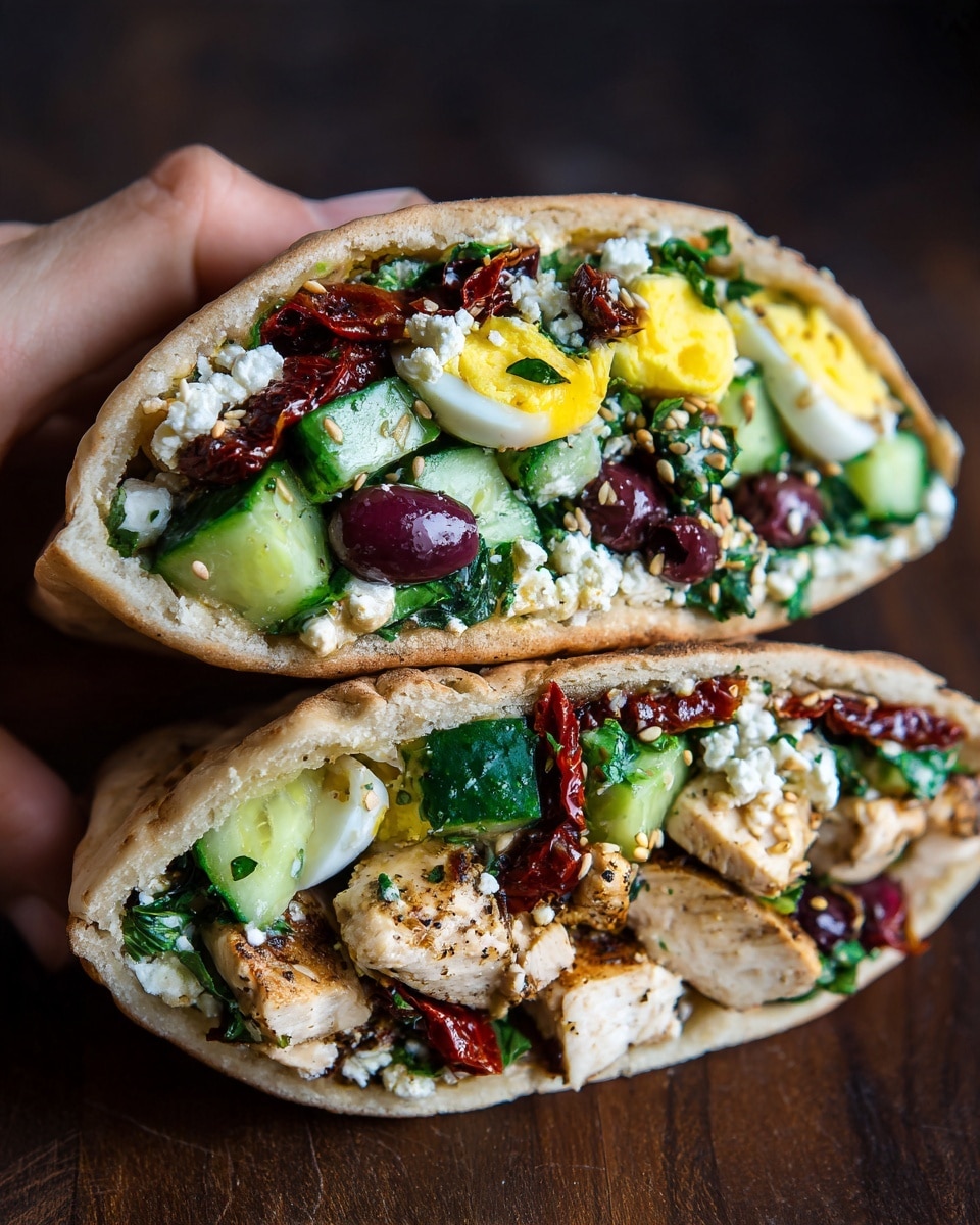 A close-up of a pita pocket sandwich held by a woman's hand, with soft pita bread lightly browned and folded open. Inside, layers include grilled chicken pieces with a light char, chunks of bright green cucumber mixed with herbs, dark purple olives, white crumbled cheese, and wedges of boiled egg showing bright yellow yolk. There are also bits of sun-dried tomatoes, fresh green herbs scattered throughout, and small sesame seeds sprinkled on top. The texture of the filling looks fresh and slightly creamy, with the whole sandwich resting on a white marbled surface. Photo taken with an iphone --ar 4:5 --v 7