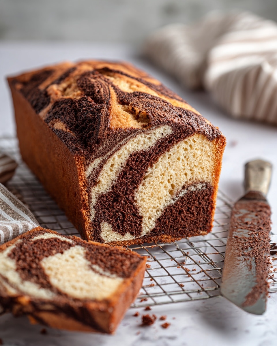 A loaf of marble cake with two visible layers lies on a silver cooling rack over a white marbled surface. The cake slice at the front shows a marbled pattern of dark brown chocolate and light tan vanilla with a soft, crumbly texture. The top crust is golden brown with swirls of chocolate running through it. A large knife with chocolate crumbs rests on the right side of the rack, and a white cloth with light stripes is partially visible at the bottom. Photo taken with an iphone --ar 4:5 --v 7