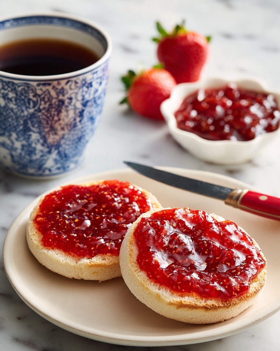Two toasted English muffin halves sit side by side on a white plate, each topped with a thick layer of bright red strawberry jam that shows visible chunks of fruit and a shiny, slightly sticky texture. The English muffins have a light golden-brown color and a porous, airy texture. In the background, there is a white bowl filled with more strawberry jam and a few fresh strawberries placed next to a silver knife on a white marbled surface. A blue and white patterned cup filled with dark coffee is partially visible on the left side. Photo taken with an iphone --ar 4:5 --v 7