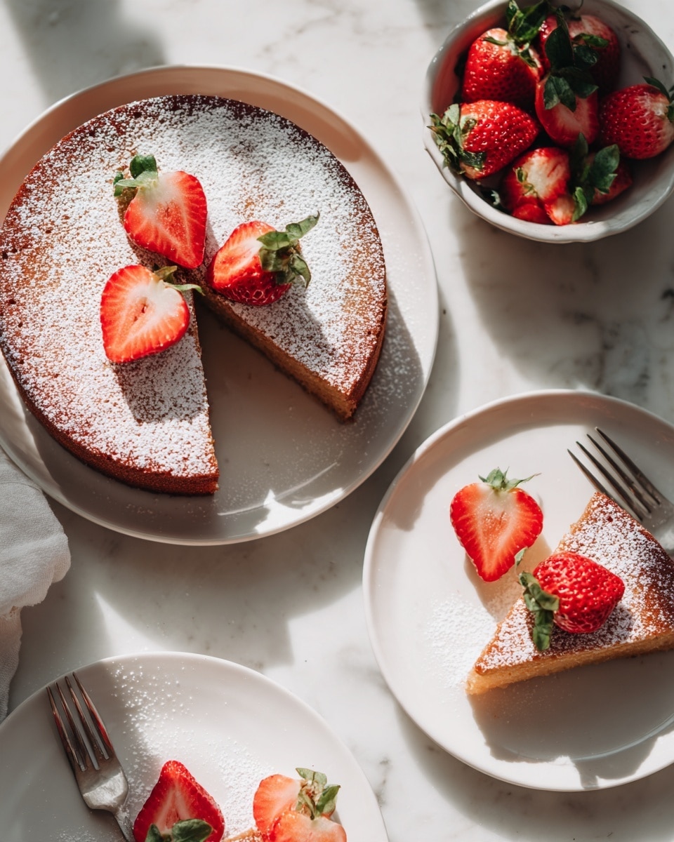 A round cake with one slice taken out sits on a white plate, the cake surface dusted evenly with white powdered sugar, showing a light brown texture underneath; on top of the cake near the cut, there are three bright red strawberry halves. Above and to the right, the single slice of cake is on a white plate, also topped with a strawberry half and dusted with powdered sugar, exposed layers showing a soft, pale yellow interior and a golden brown crust. To the left, a small white plate holds three whole strawberries and two strawberry halves with green leaves attached, all placed on a white marbled surface with a soft white cloth nearby. Photo taken with an iphone --ar 4:5 --v 7