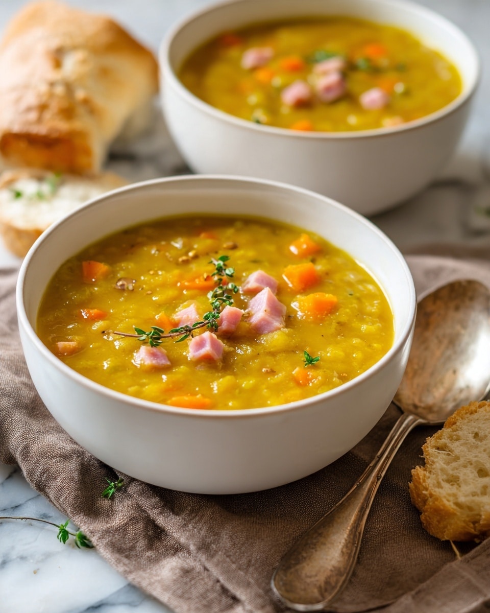 Two bowls filled with thick yellow split pea soup containing small pieces of pink ham, orange carrots, and green herbs on top. Each bowl is white with a slightly textured outer surface and resting on a brown cloth on a white marbled table. Around the bowls are torn pieces of light brown bread with a soft inside. A vintage silver spoon is placed next to the front bowl. The soup has a creamy texture with visible small bits of vegetables and meat scattered throughout, and a touch of black pepper sprinkled on the surface. Photo taken with an iphone --ar 4:5 --v 7