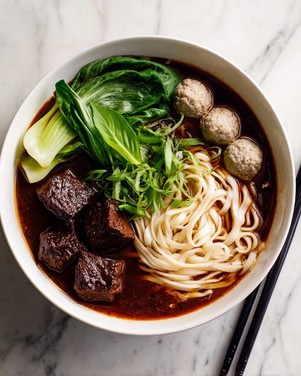 A white bowl holds a rich dark brown broth filled with several layers: thick, flat white noodles lightly twisted on the right; dark brown chunks of tender meat scattered in the center and left; three light tan meatballs near the top and left sides; fresh green leafy herbs placed in the middle; and bright green vegetable stalks sitting at the top left. The bowl rests on a white marbled surface with black chopsticks placed above it. Photo taken with an iphone --ar 4:5 --v 7