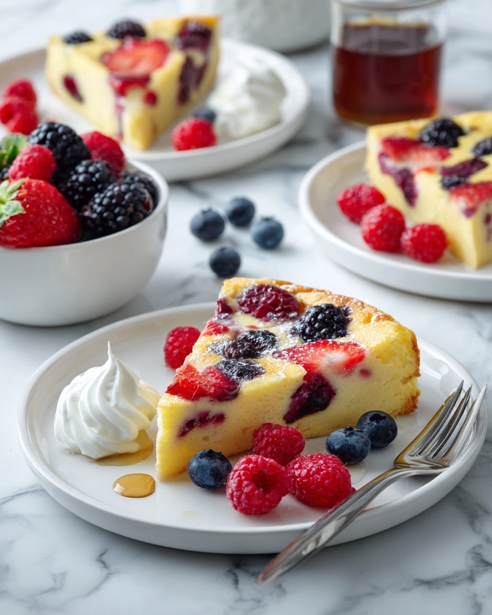 A white round plate sits on a white marbled surface, holding one square piece of yellow baked custard with red strawberries and blue blueberries baked inside it. The custard has a smooth texture with a shiny surface. On the side of the custard is a dollop of white whipped cream topped with a light drizzle of honey. A cluster of fresh strawberries, raspberries, and blueberries lies next to the custard at the left side of the plate. A silver fork rests on the right edge of the plate, angled toward the custard. In the background, more custard squares with berries and bowls of fresh strawberries and mixed berries are partially visible. Photo taken with an iphone --ar 4:5 --v 7