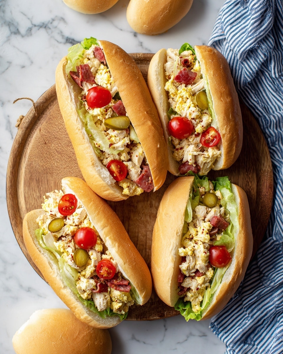 The image shows four sandwiches on a round wooden cutting board placed on a white marbled surface. Each sandwich has one long white bun sliced open, filled with chopped white meat, light green shredded lettuce, diced red tomatoes, and thin slices of pepperoni adding red and orange tones. The fillings are piled generously in each bun, showing a mix of colors and textures with a fresh and slightly seasoned look. One woman’s hand is holding one sandwich, visible at the top left side of the image. There are two closed white buns also on the board and a blue and white striped cloth on the lower right corner. Photo taken with an iphone --ar 4:5 --v 7