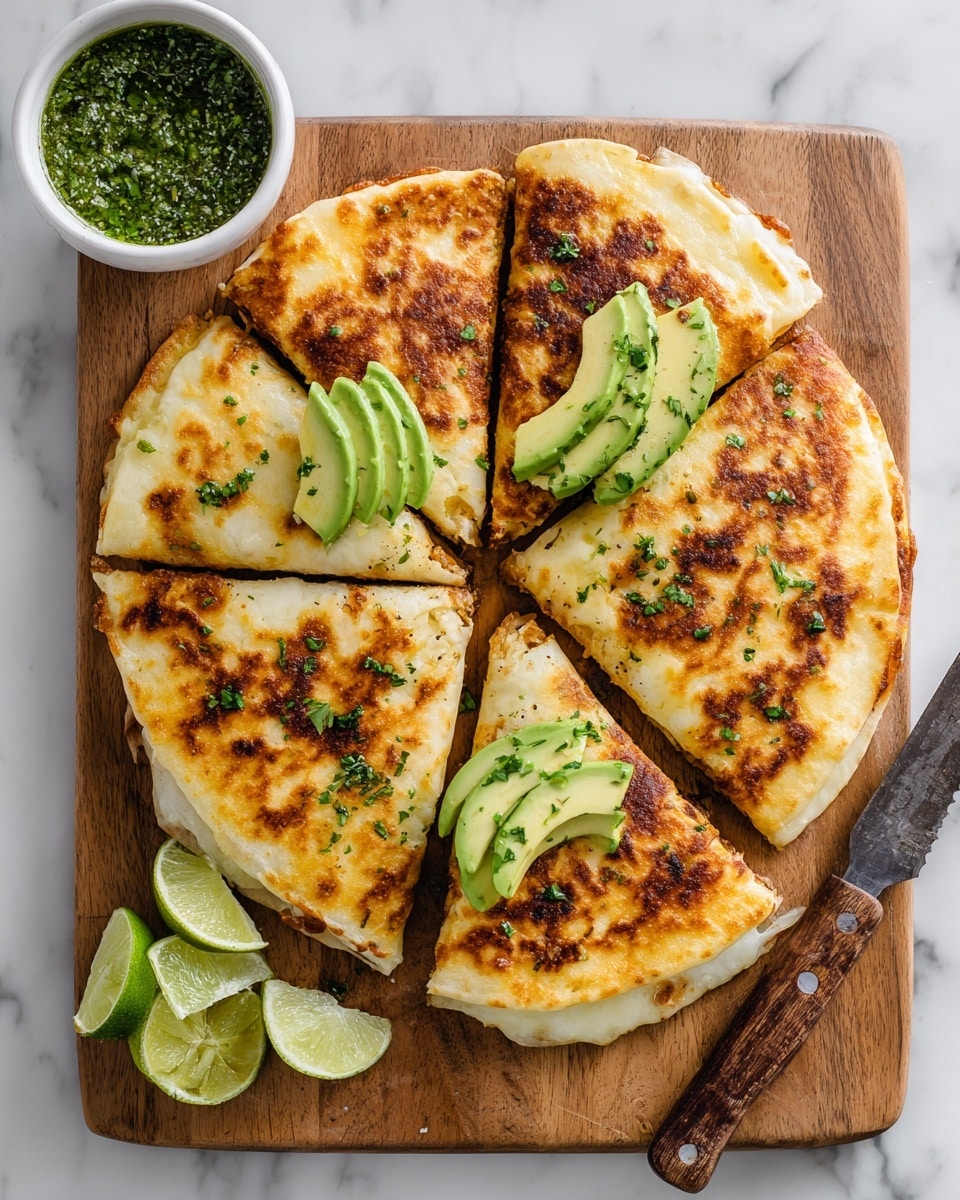 A large round quesadilla, golden and crispy on the outside, is sliced into eight triangular pieces and arranged on a rustic wooden board. Each slice shows a thin layer of melted cheese and soft filling peeking through the edges. Three slices are topped with thin slices of green avocado, garnished with small green herbs and light oily droplets. To the top left corner, there is a small white bowl filled with chopped green herbs and spices, and to the right of the board, a few lime wedges with bright green skin are scattered on a white marbled surface. A knife with a wooden handle rests beside the lime wedges. photo taken with an iphone --ar 4:5 --v 7