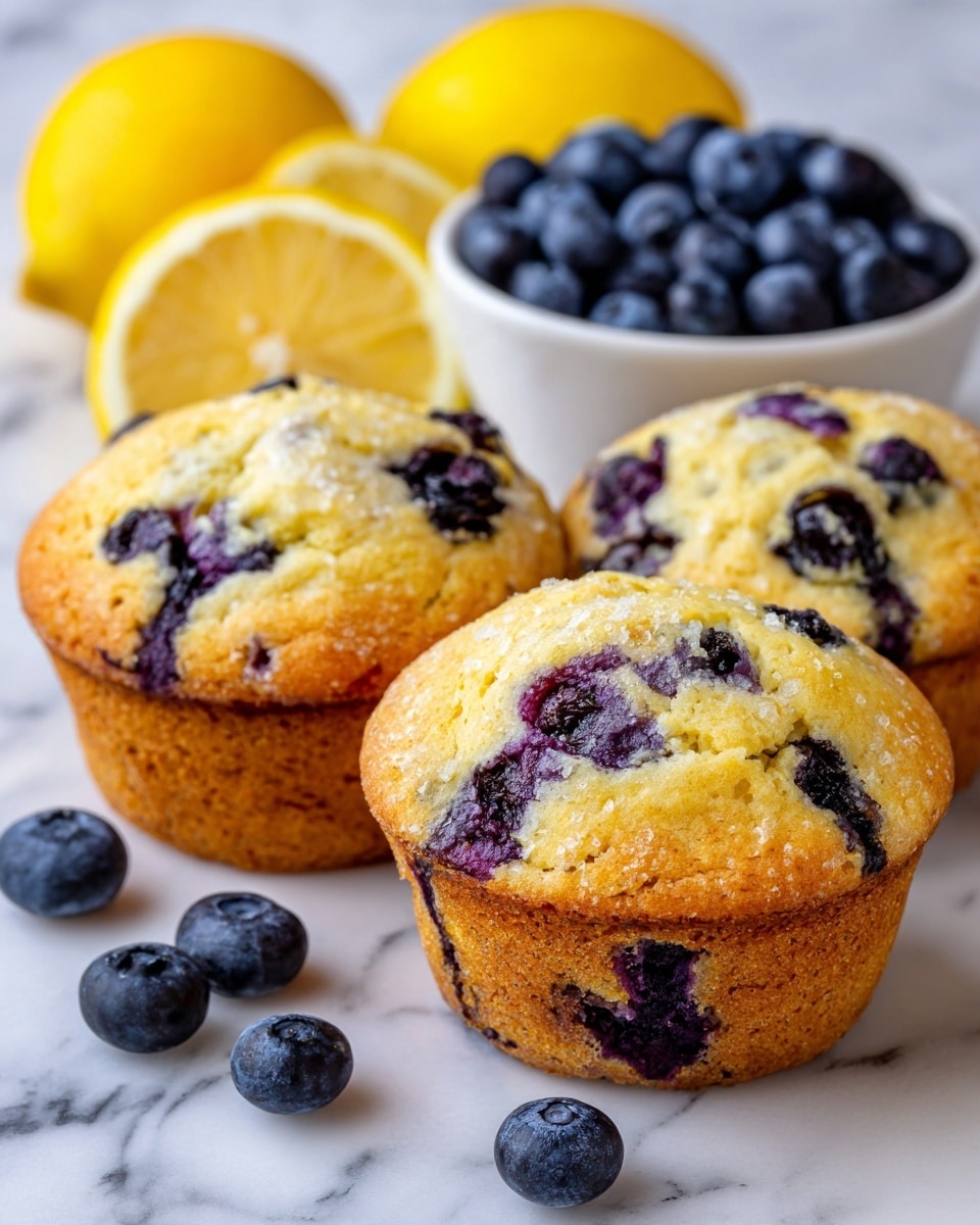 The image shows four round blueberry muffins with a golden brown top, each dotted with dark blue blueberries. The muffins have a slightly rough and crumbly texture, showing the baked surface. There are also fresh blueberries scattered around the muffins, along with two bright yellow lemon slices placed nearby. In the upper right corner, there is a white bowl filled with more fresh blueberries. The whole scene is set on a white marbled surface. photo taken with an iphone --ar 4:5 --v 7