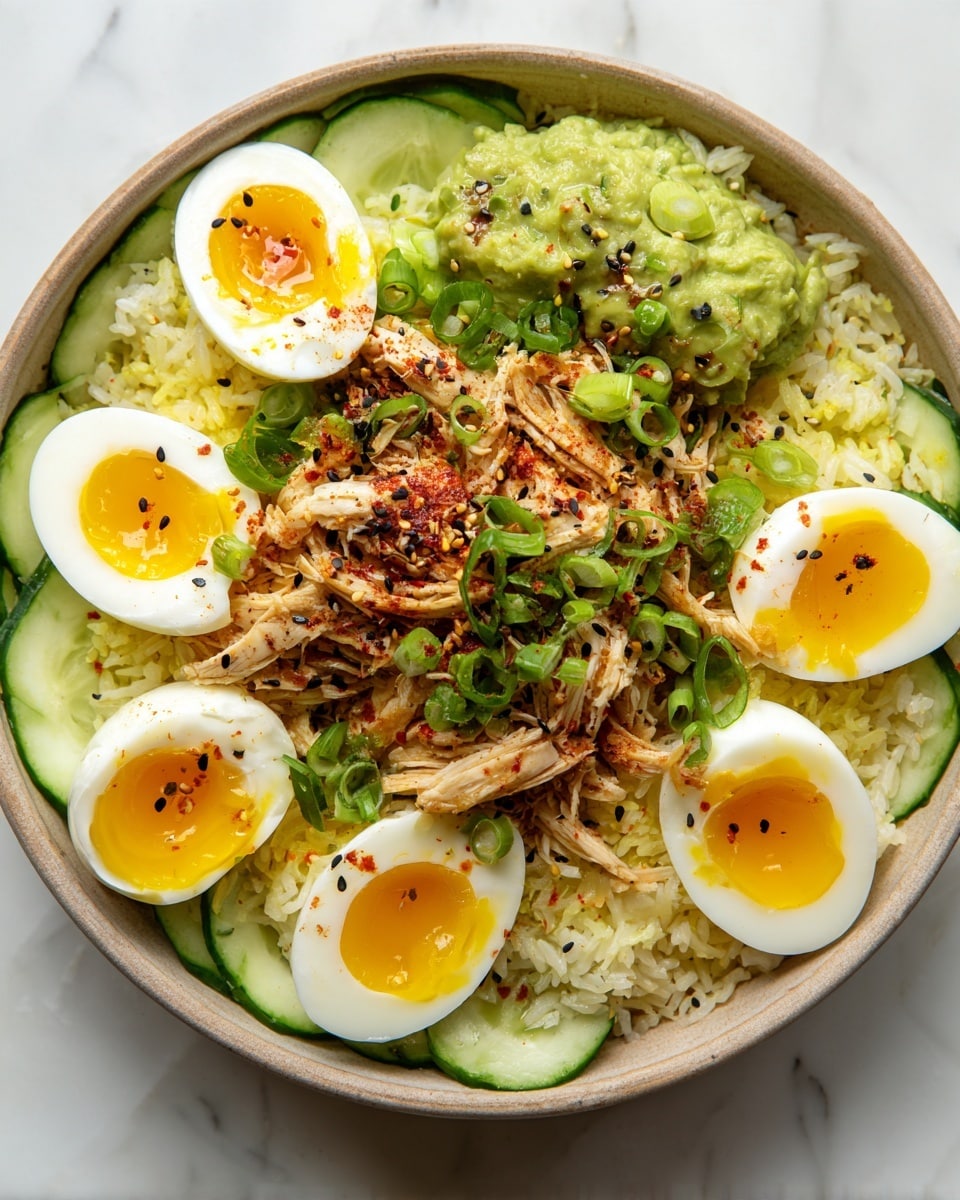 A white bowl filled with a layered dish starting with a base of white rice mixed with green leafy vegetables and cucumber slices around the edges. On top of the rice layer is a layer of mashed green avocado. Over this, shredded cooked chicken is spread evenly, sprinkled with red chili flakes and black sesame seeds for color and texture. Soft boiled eggs, cut in halves with bright yellow yolks, are placed on the edges of the bowl. The dish is finished with sliced green onions scattered on top. The bowl sits on a white marbled surface. photo taken with an iphone --ar 4:5 --v 7