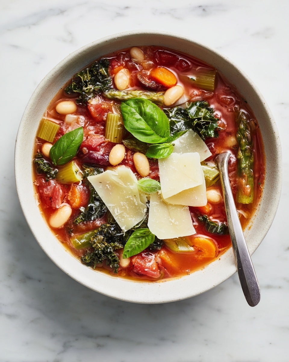 A white bowl filled with a colorful vegetable and bean soup with a thick tomato broth base. The soup has visible layers of bright orange carrot slices, dark green leafy kale, white beans, light green celery pieces, and small curly pasta scattered throughout. On top, there are several thin, pale-yellow shavings of cheese and a fresh, bright green basil sprig resting near the center. A silver spoon sits inside the bowl, partially submerged in the soup on the right side. The bowl is placed on a white marbled surface with a few fresh spinach leaves nearby. Photo taken with an iphone --ar 4:5 --v 7