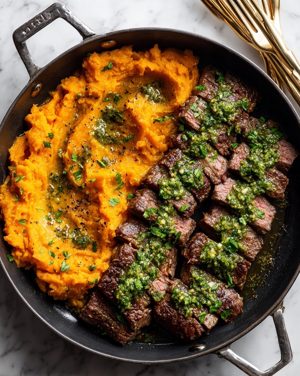 A large round black skillet holds two main layers side by side: on the left, a textured layer of bright orange mashed sweet potatoes with small melted butter pools that shine softly, sprinkled with black pepper and chopped green herbs; on the right, sliced medium-rare steak pieces with a browned crust and pink center, topped with vibrant green chimichurri sauce spread unevenly and scattered fresh chopped herbs. The skillet rests on a white marbled surface with vintage brass cutlery partly visible at the top right corner. photo taken with an iphone --ar 4:5 --v 7