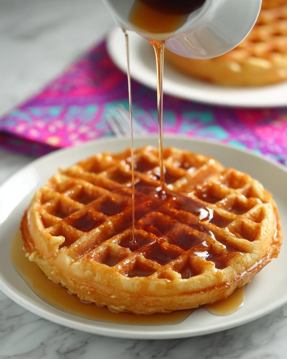 A single square golden waffle with a crispy texture rests on a round white plate placed on a white marbled surface. The waffle has deep grid pockets filled with dark amber syrup being poured over it, creating a glossy, sticky look. In the background, another similar waffle can be seen slightly blurred on a white plate. The scene is bright and colorful with a floral napkin partially visible under the plate. photo taken with an iphone --ar 4:5 --v 7