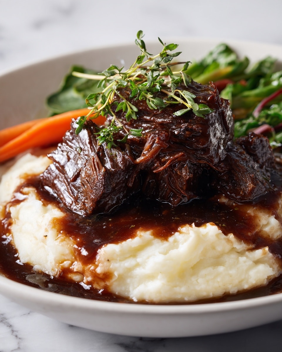 A close-up view of a dark brown braised meat piece on a bed of creamy, light yellow mashed potatoes, all covered with rich brown sauce. The meat is tender with visible strands, topped with fresh green sprigs of thyme. A single bone extends from beneath the meat, resting on the mashed potatoes. In the background, bright orange carrots and green leafy vegetables are slightly blurred, all served in a white bowl on a white marbled surface. Photo taken with an iphone --ar 4:5 --v 7