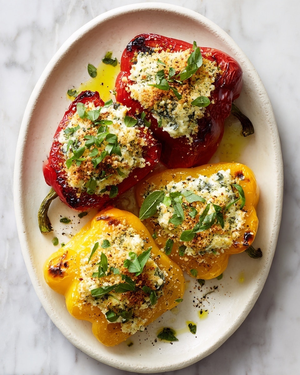 The image shows four stuffed bell pepper halves on a white plate with a white marbled surface in the background. Each pepper half is roasted to have slightly charred, wrinkled edges, with two red and two yellow peppers. Inside each pepper is a creamy white cheese layer topped with golden-brown breadcrumbs and sprinkled with fresh green herbs. The crumbs add a crunchy texture and are scattered on top, while some melted cheese mixes with olive oil at the base of the peppers, creating a glossy look. photo taken with an iphone --ar 4:5 --v 7