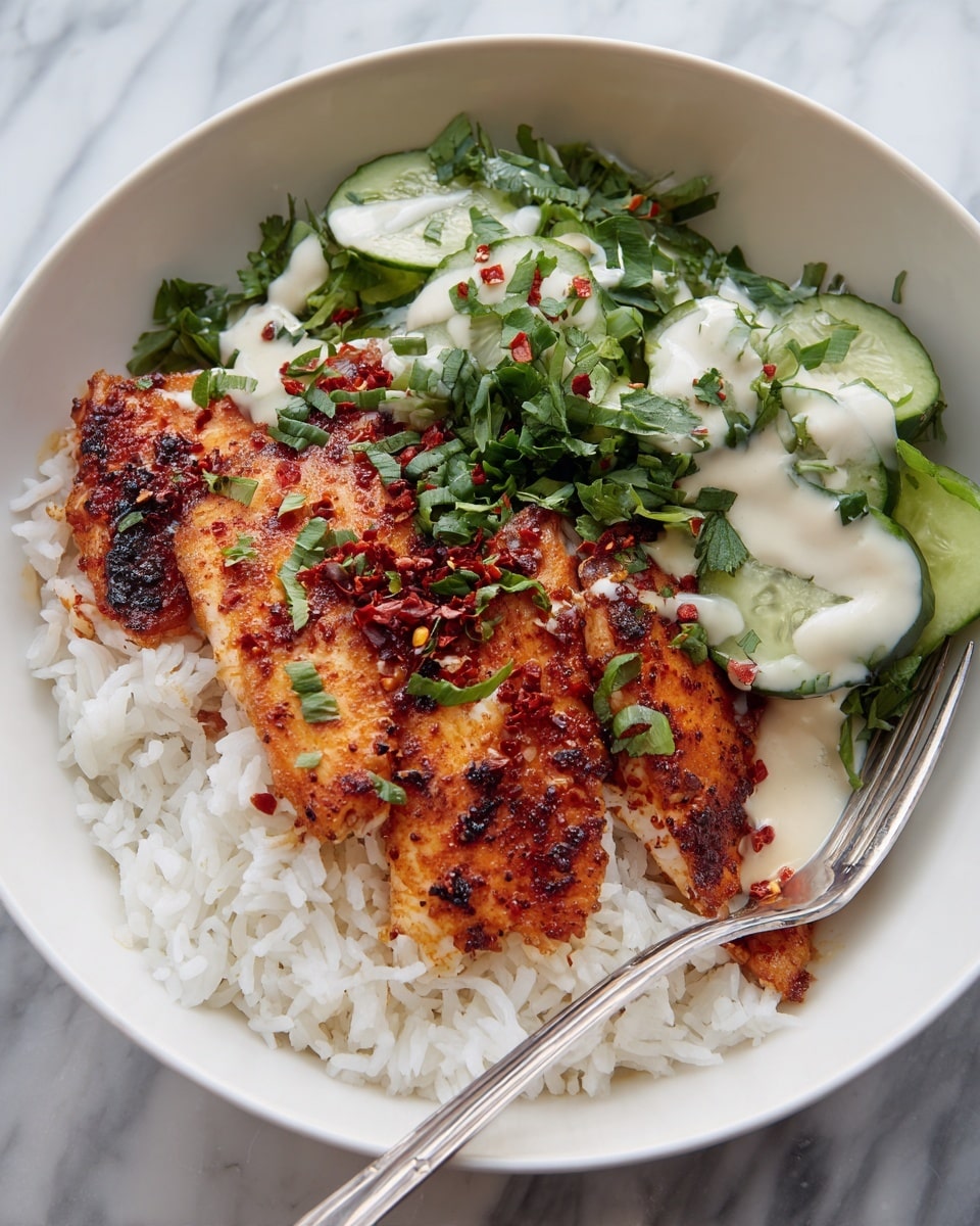 A white bowl with a layer of fluffy white rice at the bottom, topped with two pieces of reddish-brown seasoned cooked fish with a slightly crispy texture. The fish is drizzled with a light tan sauce and sprinkled with small red chili flakes and fresh green chopped herbs. In the background, there are sliced green cucumbers mixed with leafy herbs and a light creamy dressing. A silver fork is resting on the edge of the bowl on a white marbled surface. Photo taken with an iphone --ar 4:5 --v 7