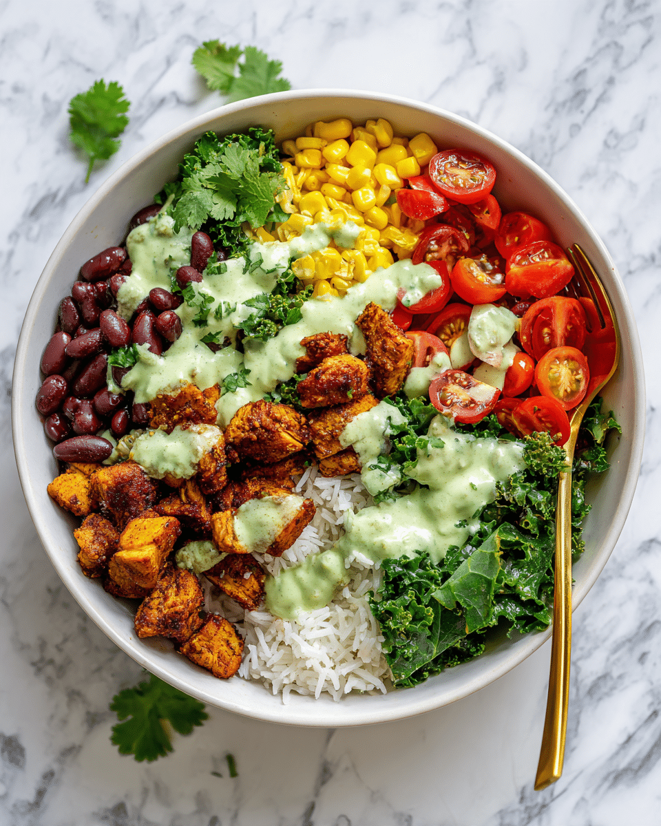 A white bowl contains a colorful layered dish starting with a base of white rice topped with cooked brown beans and yellow corn scattered over it. On one side, there are pieces of brown, cooked seasoned chicken, while on the next side, fresh bright green kale leaves add a leafy texture. Sliced red cherry tomatoes fill another section of the bowl. All layers are drizzled with a creamy light green sauce, and a small sprig of cilantro is placed on top. The bowl is placed on a white marbled surface, and a gold spoon rests inside the bowl. photo taken with an iphone --ar 4:5 --v 7