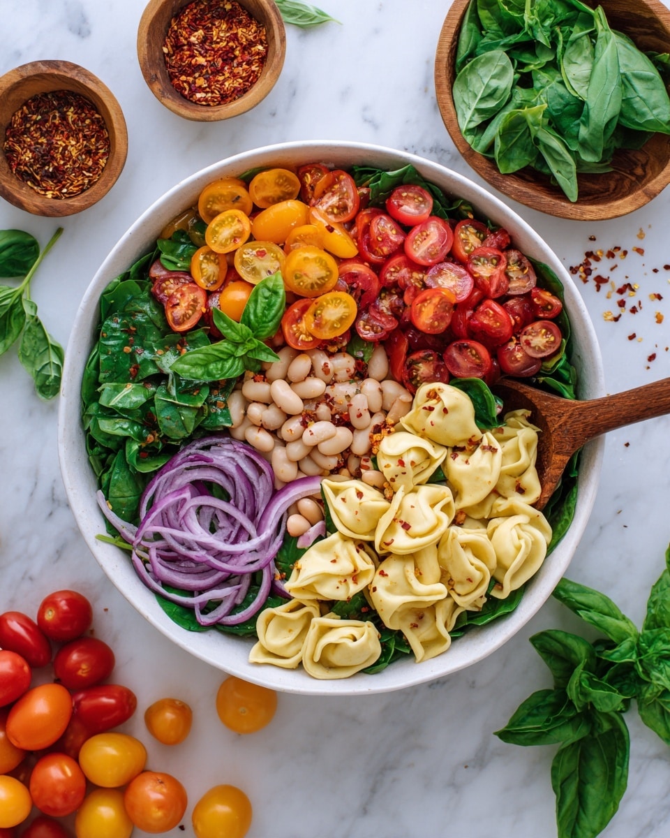 A white bowl is filled with a colorful tortellini salad, showing about three layers. The base layer has light yellow tortellini pasta with a soft, smooth texture. Mixed in between are green spinach leaves and white beans, adding leafy and small round shapes. On top, there are halved cherry tomatoes in red and yellow colors, thin strips of purple onion, and bright green basil leaves scattered all around. The salad looks fresh and vibrant with a mix of round, oval, and leafy shapes. The bowl rests on a white marbled surface, with fresh basil leaves and red and yellow cherry tomatoes placed around it. Nearby, a small wooden bowl holds red pepper flakes. Photo taken with an iphone --ar 4:5 --v 7
