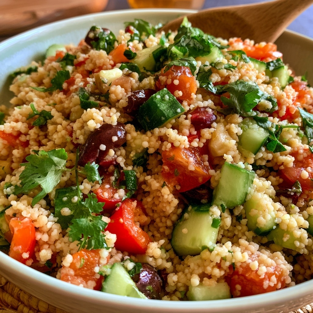 A white bowl filled with a colorful couscous salad sits on a white marbled surface. The salad has multiple layers: the base layer is small pearl couscous in a light yellow shade, mixed with slices of bright red cherry tomatoes and green cucumber rounds scattered throughout. Dark green spinach leaves add freshness, while roasted chickpeas in a golden brown color are sprinkled on top for texture. White crumbled cheese pieces and some herbs like thyme are spread on the salad. Two silver spoons rest inside the bowl, ready for serving. Around the bowl, there are halved bright yellow lemons, extra cherry tomatoes, small sliced cucumber pieces in a white bowl, and a white bowl with whole tomatoes. The overall look is fresh, vibrant, and healthy. Photo taken with an iphone --ar 4:5 --v 7