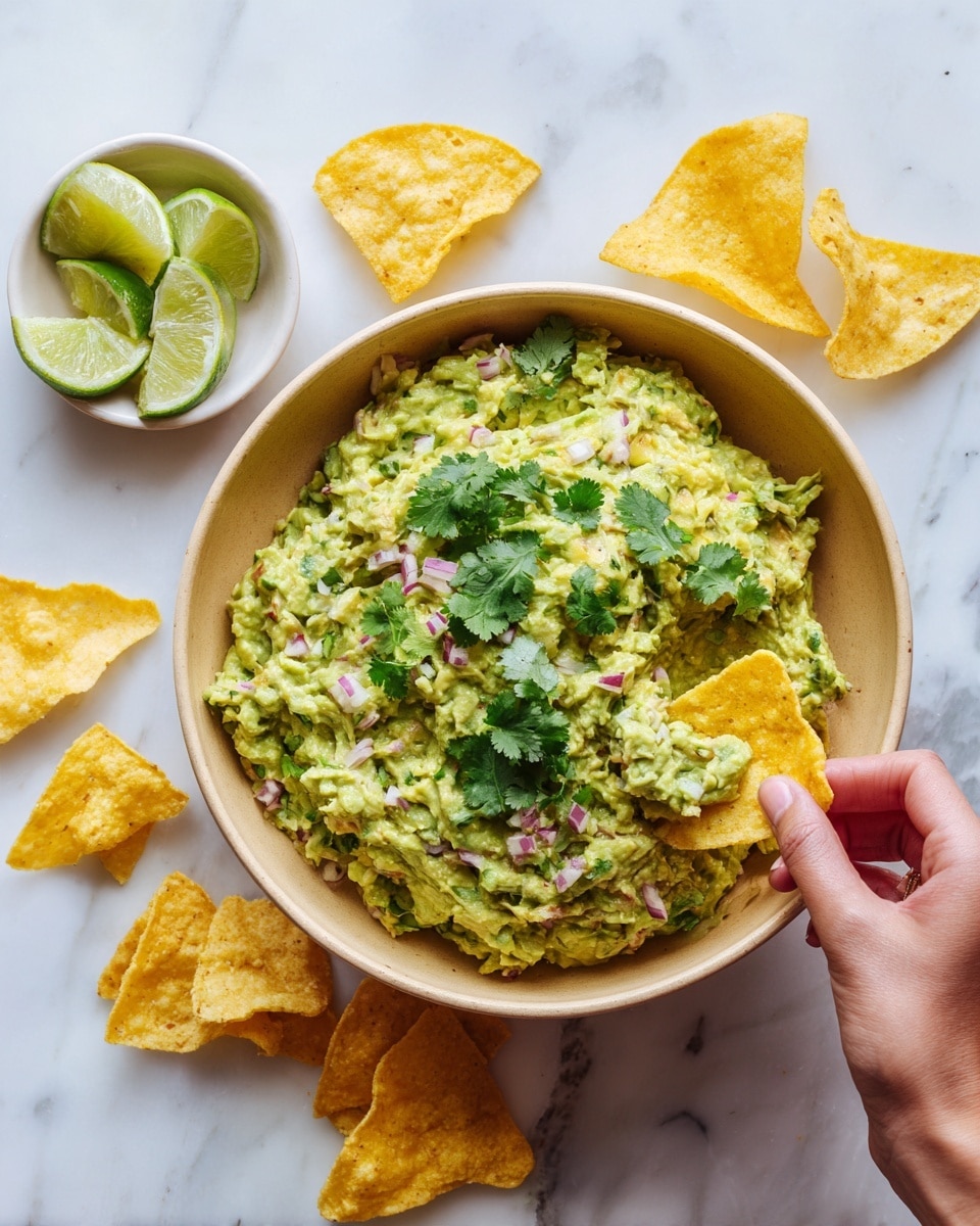 A white bowl filled with green guacamole that has small pieces of red onion and cilantro leaves on top, creating a textured and fresh look. Around the bowl, there are golden yellow tortilla chips placed on a white marbled surface. Above the bowl to the left, a small white bowl holds several lime wedges with a bright green color and juicy texture. In the lower part of the image, a woman's hand holds a tortilla chip dipped in guacamole, showing the thick creamy green mixture loaded with bits of onion and herbs. Photo taken with an iphone --ar 4:5 --v 7