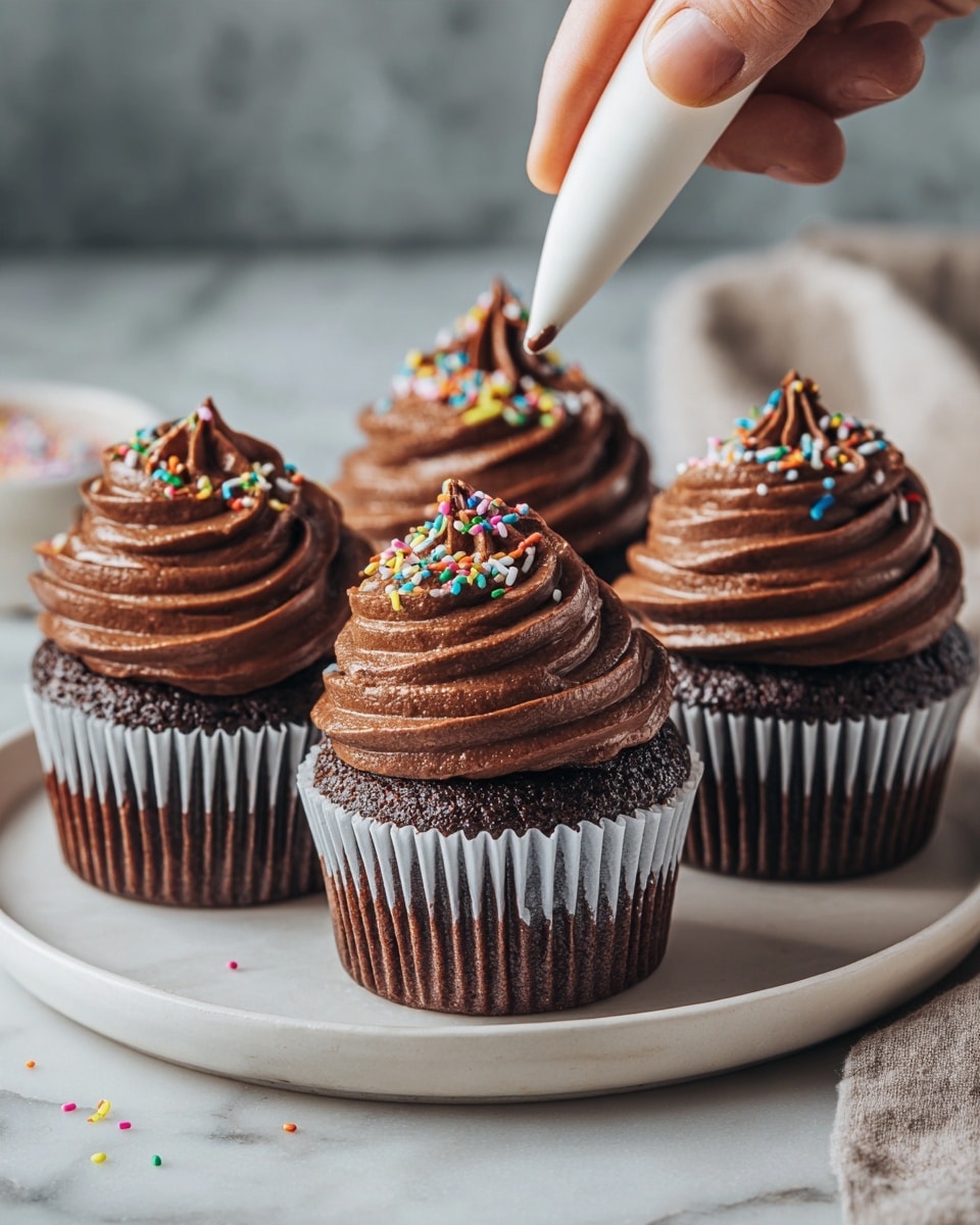 There are four cupcakes with a dark brown cake base in white ridged liners arranged on a white plate. Each cupcake is topped with a tall swirl of smooth, dark chocolate frosting that forms multiple layers spiraling to a pointed top. Some of the cupcakes are decorated with small, colorful rainbow sprinkles that add a bright pop of red, blue, yellow, green, orange, pink, and white. A woman's hand is holding a white piping bag positioned above the closest cupcake, adding the final touch of chocolate frosting. The background is a white marbled surface. photo taken with an iphone --ar 4:5 --v 7