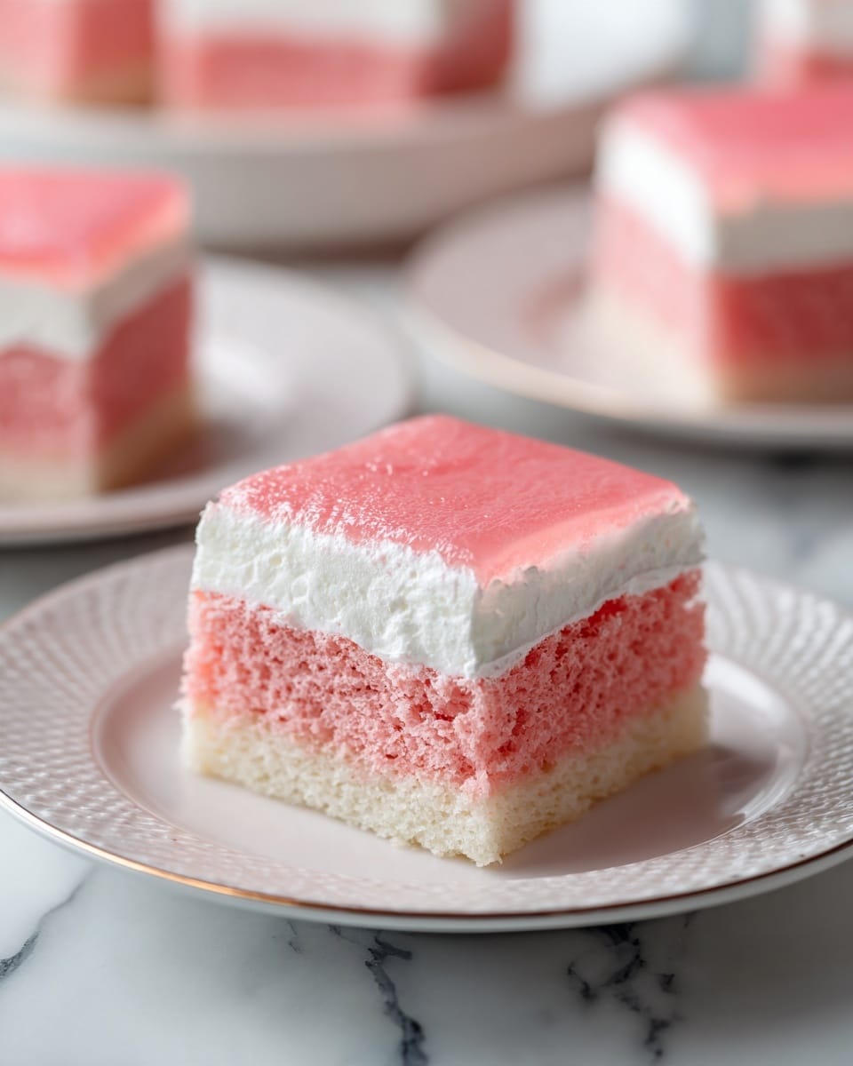 A square piece of pink sponge cake with small holes and a soft texture sits in the middle of a white plate with a dotted rim. The cake has two layers: the bottom is thick and pink, and the top is a thin white frosting layer with a shiny light pink glaze on top. The background is a white marbled surface, with other similar plates and pieces of cake slightly blurred in the background. The lighting is bright and natural, highlighting the moist texture of the cake. photo taken with an iphone --ar 4:5 --v 7