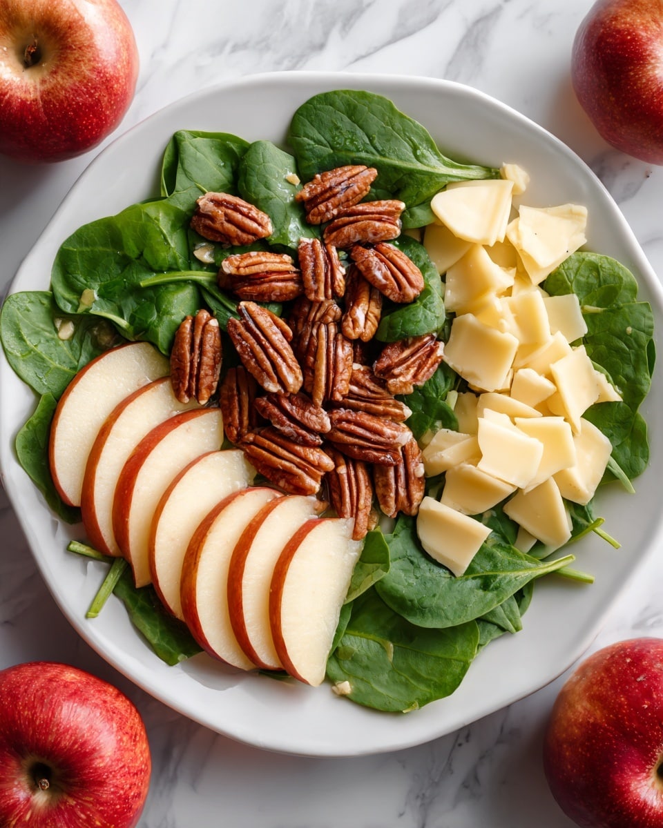 A white round plate filled with fresh green spinach leaves forms the base layer. On top, there are several thinly sliced cooked red apple slices, arranged evenly across the spinach. Scattered over these are pecan nuts, both whole and chopped, adding a rich brown color and rough texture. Small chunks of white cheese are sprinkled throughout, adding contrast and softness. The plate is set on a white marbled surface, with a few whole red apples in the background. The salad looks fresh, colorful, and inviting. Photo taken with an iphone --ar 4:5 --v 7