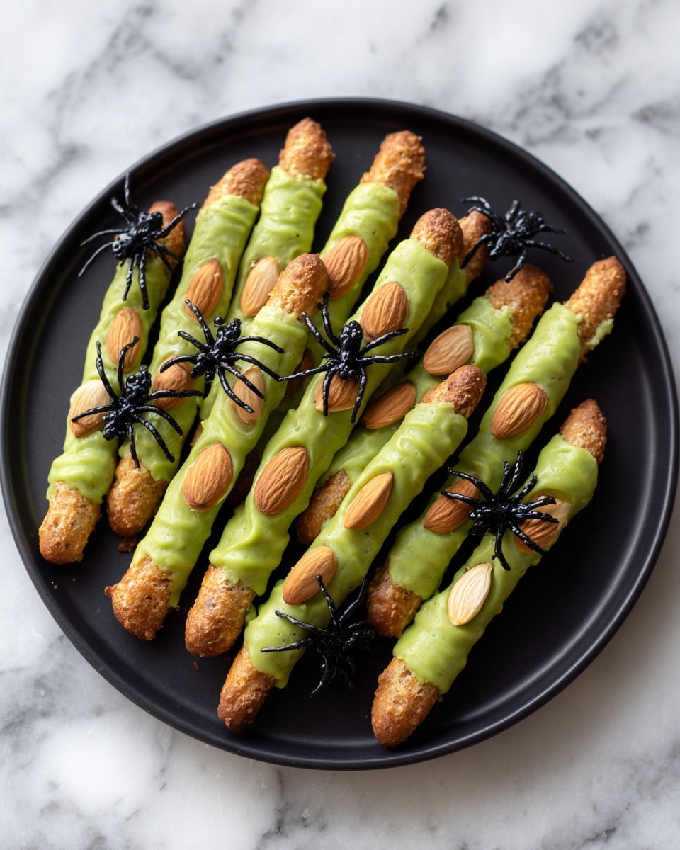 A black plate is full of finger-shaped treats made from pretzel sticks dipped in green coating, with three indent lines on each finger to look like knuckles. Each finger has a thin white almond slice at one end, shaped like a nail. The pretzel sticks form the base at the other end, showing a crispy brown color with visible salt. There are plastic black spider decorations on and around the plate for a spooky effect. The surface under the plate is a white marbled texture. Photo taken with an iphone --ar 4:5 --v 7