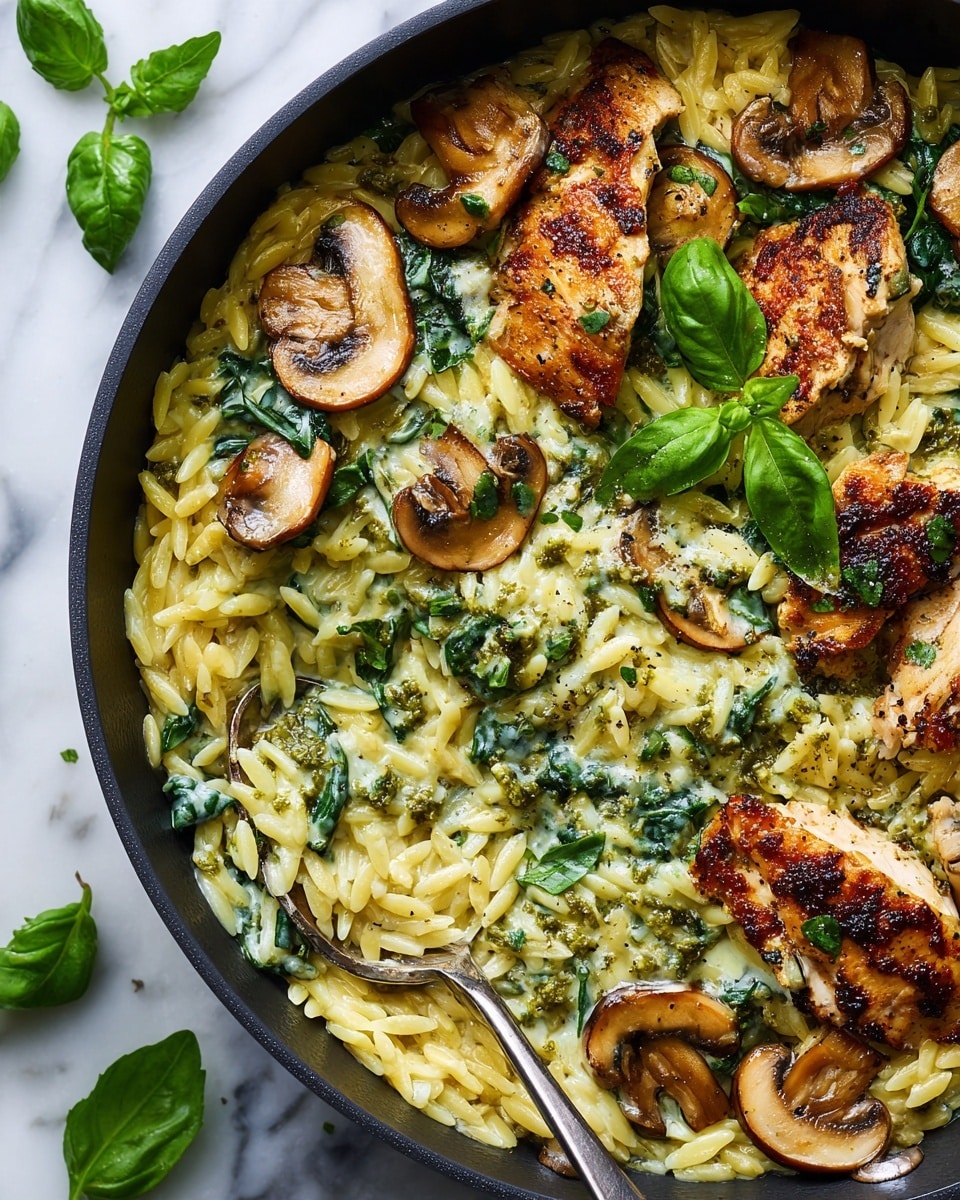 A pan filled with several cooked chicken pieces showing a golden-brown surface, layered with creamy orzo pasta mixed with sautéed spinach and sliced brown mushrooms scattered evenly. Small dollops of green pesto sauce are placed on top of the chicken and pasta, with fresh green basil leaves spread around adding a fresh look. A silver spoon rests inside the pan with some orzo on it. The pan sits on a white marbled surface with some fresh basil and mushroom pieces around the edges. photo taken with an iphone --ar 4:5 --v 7