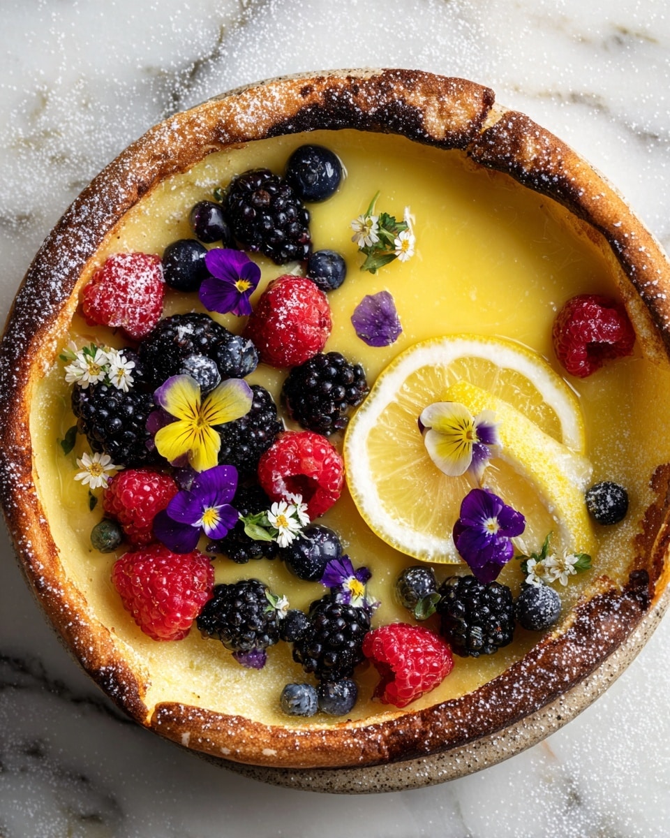 A thick, golden-brown pancake with crispy edges fills the cast iron pan, topped with a smooth, bright yellow lemon curd pool in the center. Around the lemon curd, there are fresh, colorful berries, including red raspberries, black blackberries, and dark blueberries. Small lemon slices are placed on the pancake's edges. The pancake is sprinkled lightly with powdered sugar, and delicate purple and white edible flowers are scattered on top. The background shows a white marbled surface with some lemon halves and a white bowl filled with lemon curd nearby. Photo taken with an iphone --ar 4:5 --v 7