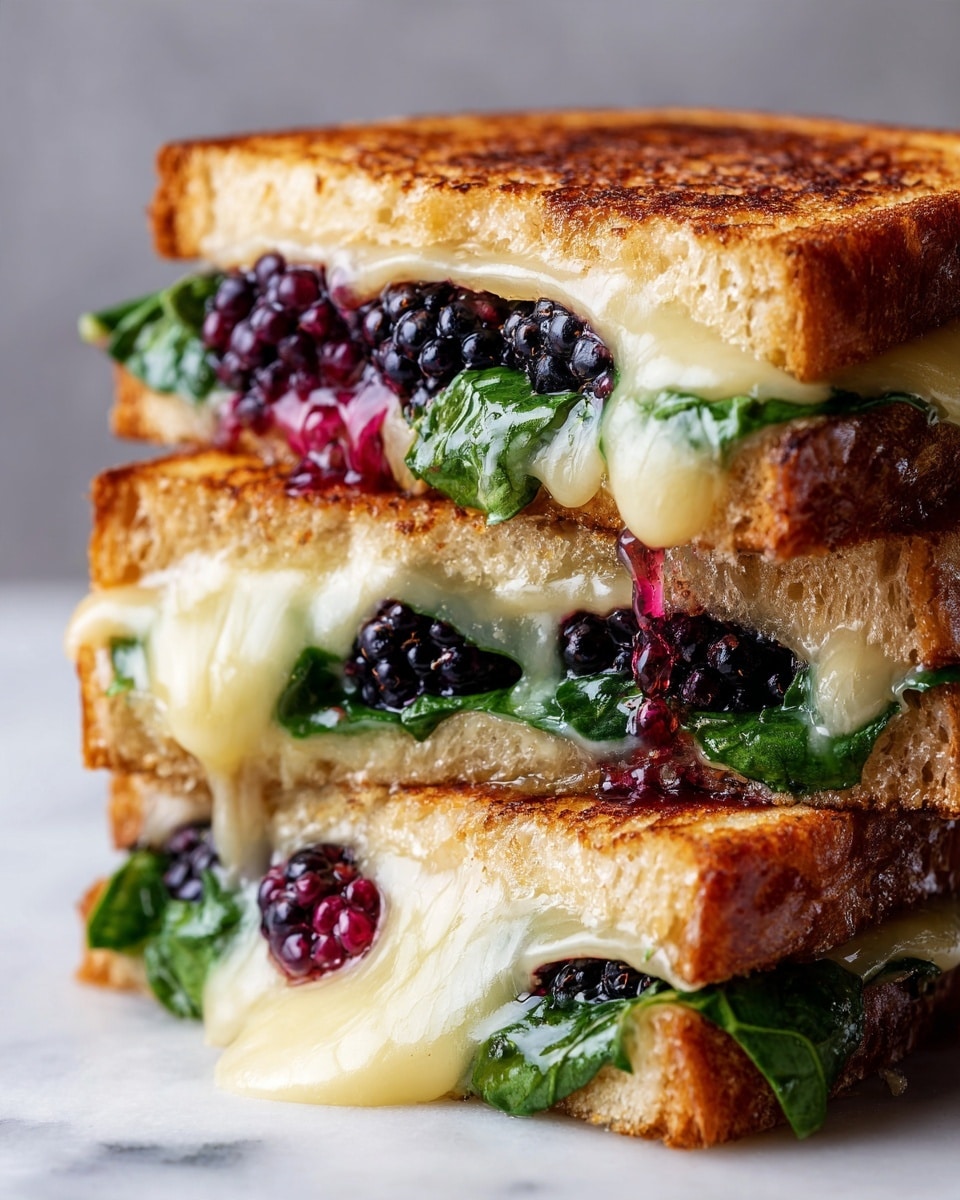 A close-up view of a grilled sandwich cut in half and stacked, showing three main layers: golden-brown toasted bread on the top and bottom, with melted white cheese oozing from the middle layer mixed with bright green spinach leaves, and plump blackberries both inside and slightly spilling out, adding deep purple and dark red hues. The sandwich is set on a wooden surface with some green leafy garnish and whole blackberries nearby, all against a white marbled background. Photo taken with an iphone --ar 4:5 --v 7