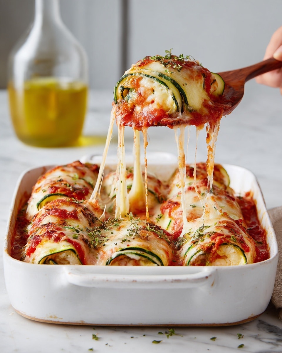 A white baking dish filled with six zucchini roll-ups, each layered with green zucchini slices, red tomato sauce, and melted golden cheese on top that is bubbling and slightly browned. A woman's hand holding a wooden spatula lifts one roll-up, showing melted stretchy white cheese strings between the dish and the piece. The tomato sauce is rich red and pools slightly at the bottom, with green herbs sprinkled over the cheese. The dish is set on a soft textured cloth with a white marbled surface in the background. Photo taken with an iphone --ar 4:5 --v 7