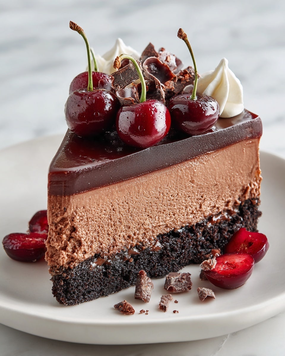 A slice of rich chocolate mousse cake with three visible layers sits on a white plate on a white marbled surface. The bottom layer is a dense dark chocolate crust, almost black in color with a slightly rough texture. The middle layer is thick, light brown chocolate mousse with a smooth, creamy texture and some tiny air bubbles. The top layer is a thin, glossy chocolate glaze with a shiny surface. On top of the cake there are whole bright red cherries with stems, chocolate curls, and a small dollop of white whipped cream. Two shiny red cherries sit beside the slice on the plate. Photo taken with an iphone --ar 4:5 --v 7