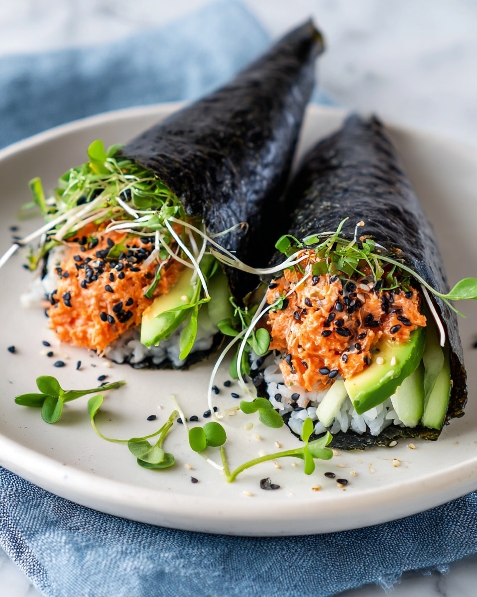 Two sushi hand rolls are placed on a white plate over a white marbled surface with some green sprouts around. Each roll has a dark green, shiny seaweed cone wrapping a base layer of white rice. Inside the rolls, there are chunky orange pieces of fish coated in a creamy sauce topped with small black sesame seeds. Bright green avocado slices and green cucumber sticks peek out from the base of the rolls, adding fresh color and smooth texture. The overall look shows fresh, vibrant ingredients stacked neatly inside the seaweed cones photo taken with an iphone --ar 4:5 --v 7
