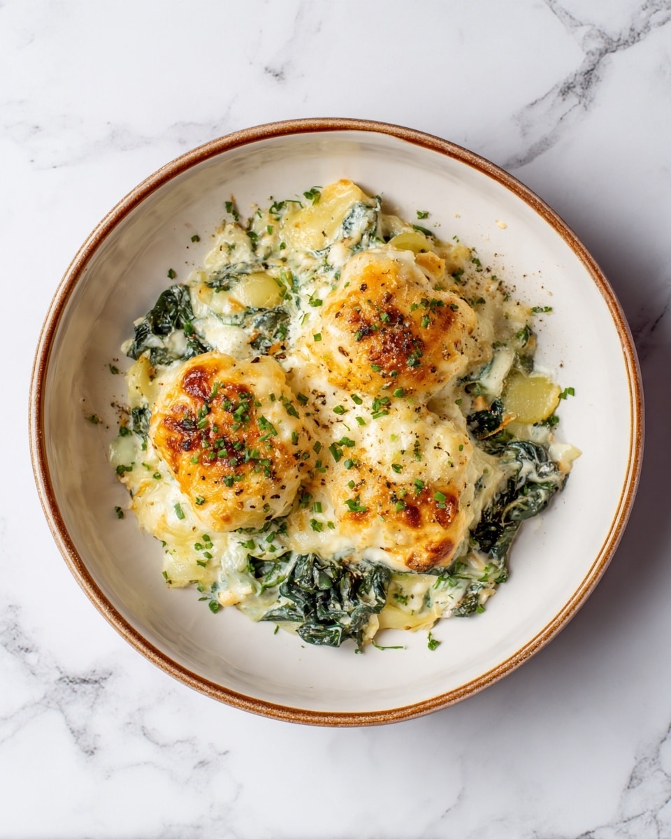 A white bowl filled with three pieces of cooked chicken topped with a golden-brown melted cheese layer mixed with herbs. Beneath the chicken, a creamy layer of sautéd dark green spinach mixed with creamy sauce spreads across the bottom. The base layer contains chunky pale green pieces which look like cooked vegetables. Small bits of fresh green herbs are sprinkled on top, adding color and texture. The bowl rests on a white marbled surface. photo taken with an iphone --ar 4:5 --v 7