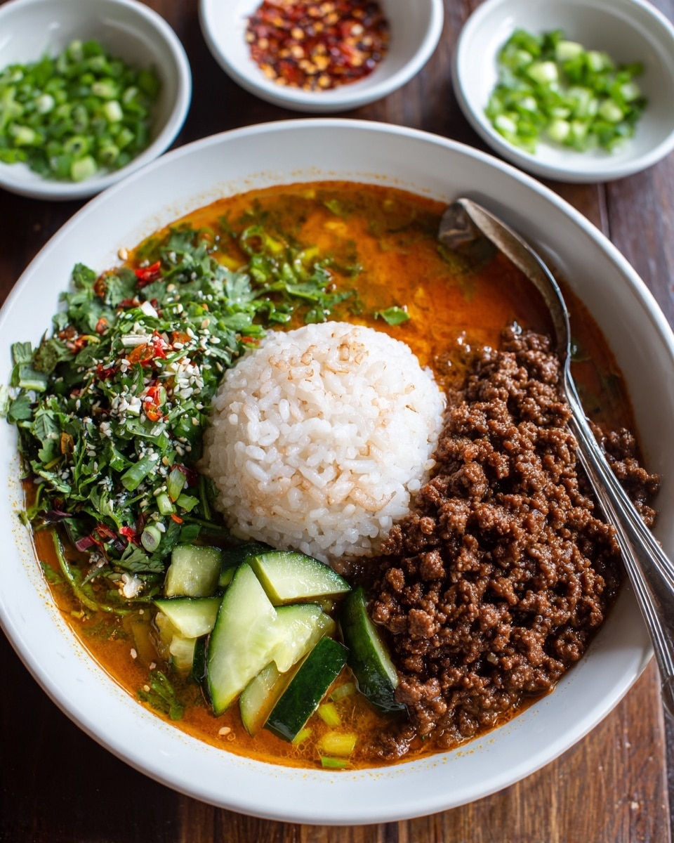 A white bowl filled with three main layers: on the left side, a light brown broth with green herbs and diced cucumber pieces floating in it; in the center, a mound of light beige rice topped with chopped green herbs, white sesame seeds, and red chili flakes; on the right side, a layer of cooked ground meat in dark brown color, also sprinkled with green herbs, white sesame seeds, and red chili flakes. A silver spoon rests inside the bowl on the right side. The bowl is placed on a wooden surface with three small bowls around it containing dark red chili flakes, bright green chopped herbs, and a brown sauce. Photo taken with an iphone --ar 4:5 --v 7