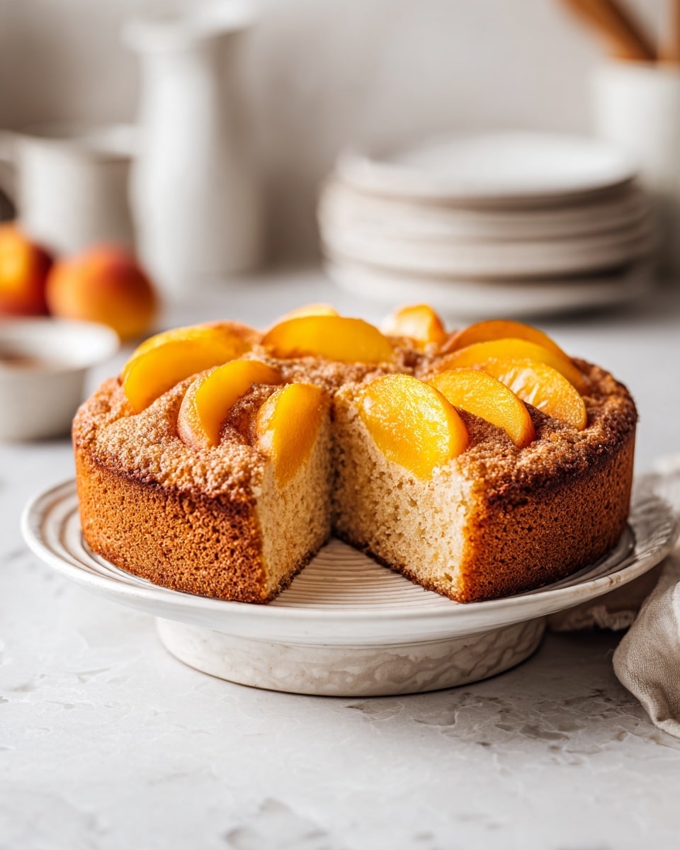 A round, thick cake with a golden brown crust sits on a white plate with a subtle raised edge. The top layer is decorated with several curved slices of bright orange peach arranged in a circular pattern, each slice slightly overlapping the next, creating a visually appealing flower-like design. The cake's texture looks soft and moist, and it is placed on a white marbled surface with a striped cloth nearby. The background shows a kitchen setting with stacked white plates and a blurry hint of fruit and utensils. photo taken with an iphone --ar 4:5 --v 7