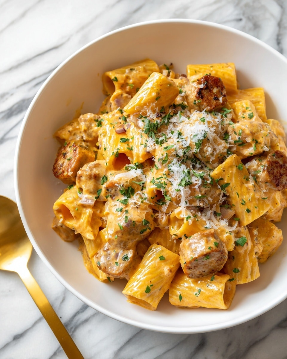 The image shows a white bowl filled with creamy orange-yellow pasta with hollow tube shapes. Small round pieces of browned sausage are distributed evenly throughout the pasta. On top, there is a layer of finely grated white cheese sprinkled with small green herb bits and a few red chili flakes for color contrast. The bowl rests on a pale yellow napkin next to a gold spoon, placed on a white marbled surface. The textures range from smooth creamy sauce to the slightly crispy sausage. photo taken with an iphone --ar 4:5 --v 7