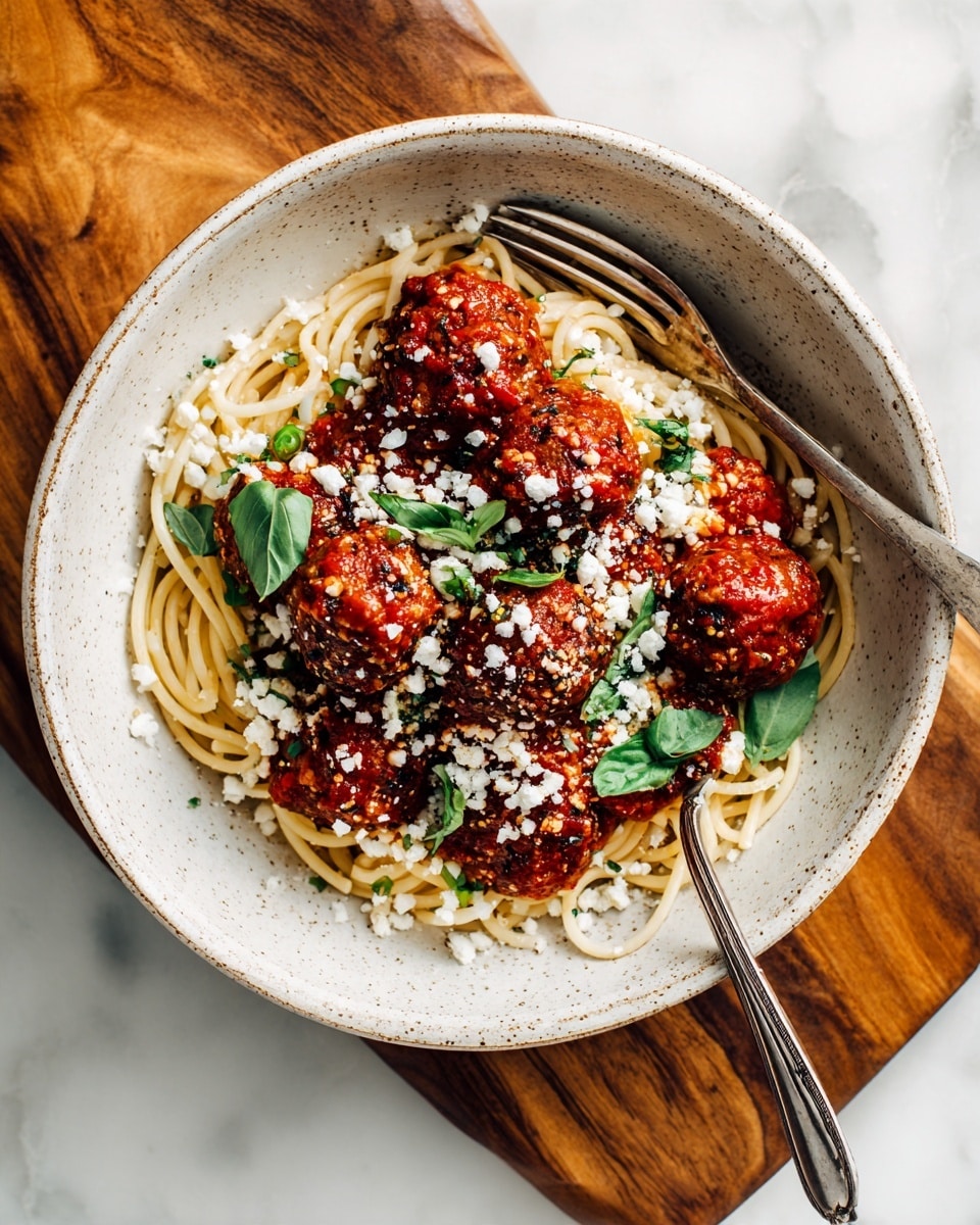 A white bowl filled with light brown spaghetti noodles at the bottom, topped with several round meatballs covered in bright red tomato sauce. The meatballs are garnished with thin green basil strips and grated white cheese, with red pepper flakes sprinkled on top. A pair of silver forks rest inside the bowl on the right side. The bowl is placed on a wooden board with a white marbled surface underneath. Small white bowls containing green basil leaves, grated cheese, and red pepper flakes are placed around the main bowl. Photo taken with an iphone --ar 4:5 --v 7
