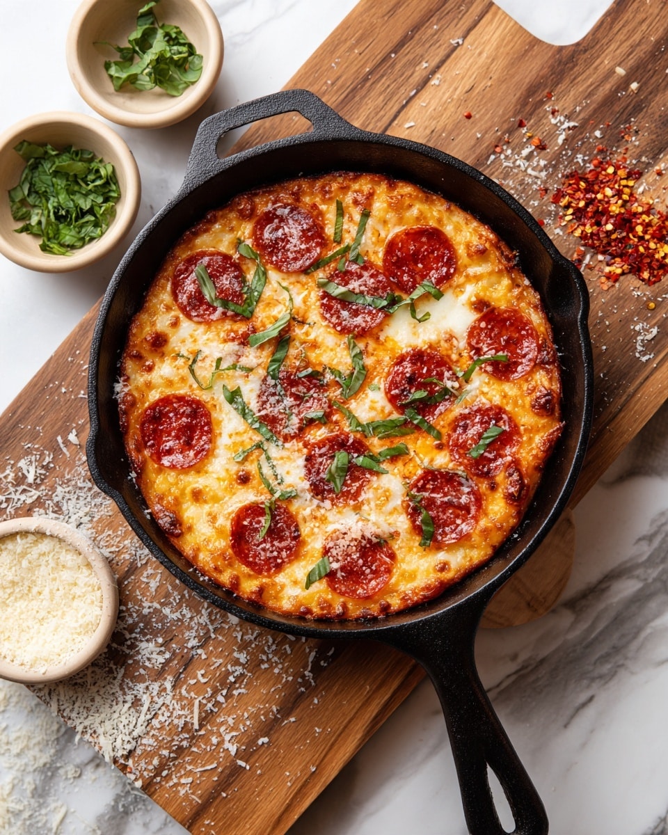 A small pizza sits in a black cast iron skillet on a wooden board with a white marbled surface beneath it. The pizza has one visible crust layer that is light golden brown and slightly textured. On top, a layer of melted yellow and light brown cheese covers the base, dotted with round, dark red pepperoni slices. Finely shredded white cheese is sprinkled over the pizza, with thin green basil slices scattered across the top. To the left of the skillet, there are two small bowls—one filled with green basil leaves, the other with red chili flakes. Photo taken with an iphone --ar 4:5 --v 7