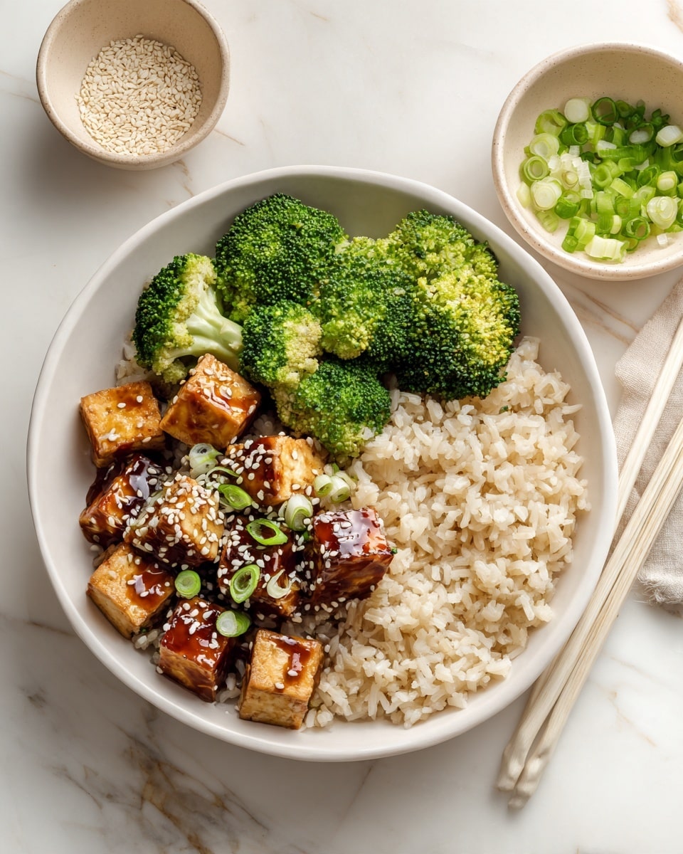A white bowl on a white marbled surface holds three layers: at the base, light brown cooked rice with a soft texture; on the left side, bright green steamed broccoli florets with a fresh look; on the right side, dark brown glazed tofu cubes sprinkled with black and white sesame seeds and topped with chopped green onions. Next to the bowl are two small bowls, one with white sesame seeds and the other filled with chopped green onions, with some scattered on the marbled surface. A pair of chopsticks lies to the right of the bowl and a striped cloth is partially visible at the bottom left corner. Photo taken with an iphone --ar 4:5 --v 7