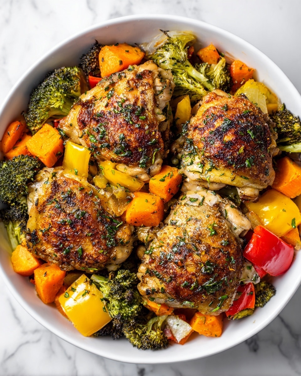 A white bowl filled with five golden brown roasted chicken thighs on top, each with a slightly crispy, browned skin and sprinkled with chopped green herbs. Beneath and around the chicken are mixed roasted vegetables including bright green broccoli florets, chunks of orange carrots, and yellow bell peppers, all with a roasted texture showing soft edges and slight char marks. The bowl sits on a white marbled surface. photo taken with an iphone --ar 4:5 --v 7
