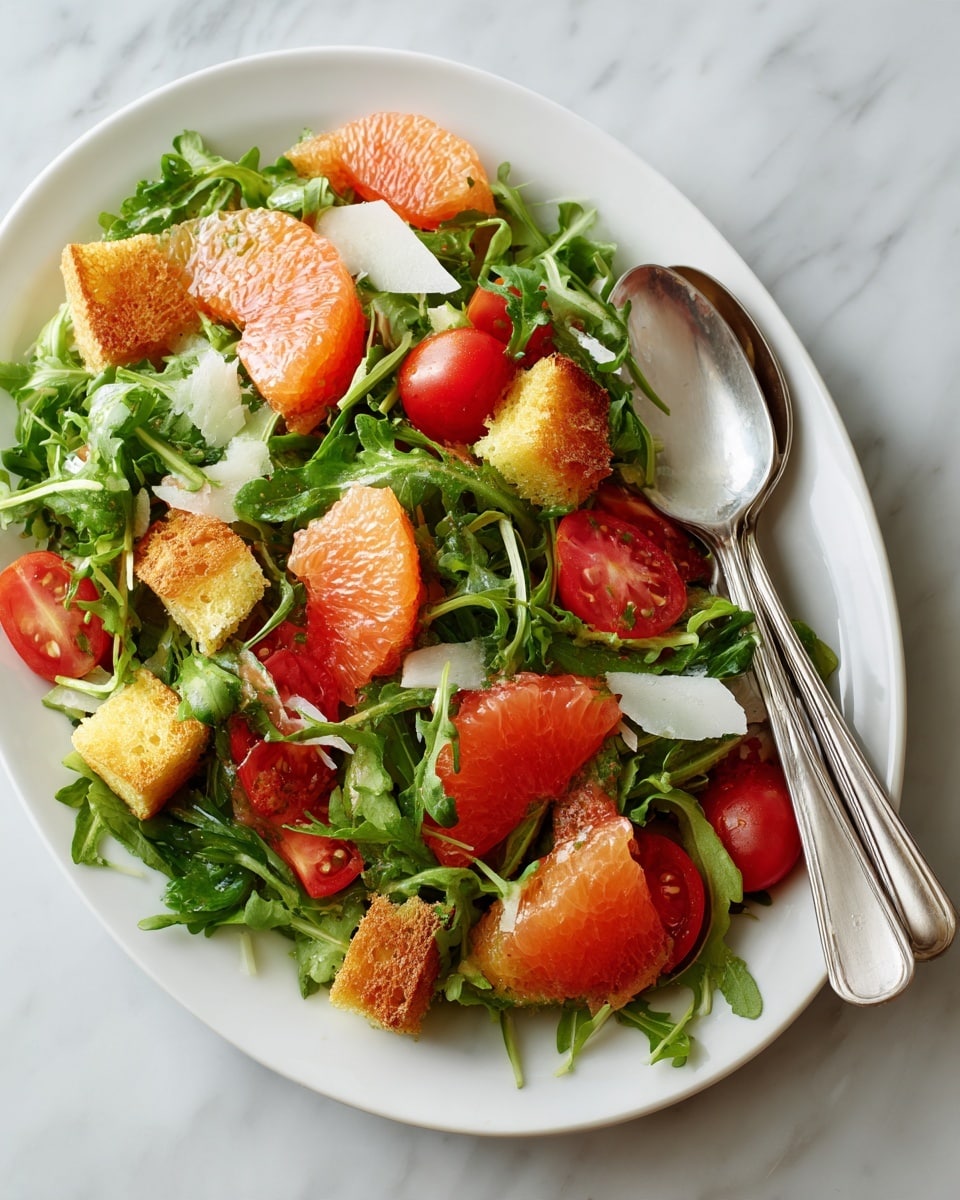 This image shows a colorful salad on a white plate placed on a white marbled surface. The salad has three main layers: at the bottom, fresh green arugula leaves with a soft texture spread evenly; the middle layer contains slices and halves of bright red cherry tomatoes scattered around; the top layer features large, juicy orange grapefruit slices and many golden croutons with a crispy texture. On the right side of the plate, there are two metal utensils partly under the salad. The photo taken with an iphone --ar 4:5 --v 7
