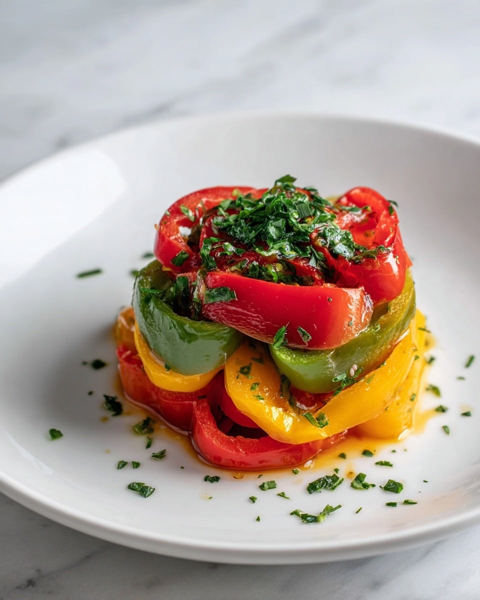 A white plate filled with a colorful mix of sautéed bell peppers in three layers: the bottom layer has green bell pepper strips, the middle layer shows yellow bell pepper strips, and the top layer features red bell pepper strips, all cooked to a soft texture with a light shine from oil and spices. On top of the peppers, there is a small bunch of fresh green cilantro leaves, adding a fresh contrast. The plate is set on a white marbled surface. photo taken with an iphone --ar 4:5 --v 7