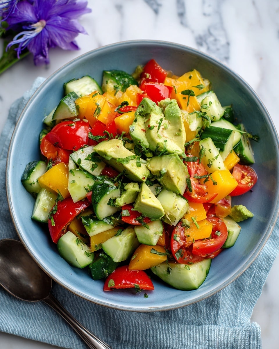 A close-up shot of a colorful salad in a white bowl, filled with layers of cubed avocado pieces in light green, chunks of yellow and red tomatoes, and sliced cucumber with a darker green skin. The salad is mixed with small green herb bits that add texture, and the bowl sits on a piece of pale green fringed fabric atop a white marbled surface. A silver spoon is partially visible to the left side near the fabric, and in the background, there is a blurred light pink glass and some purple flowers. Photo taken with an iphone --ar 4:5 --v 7