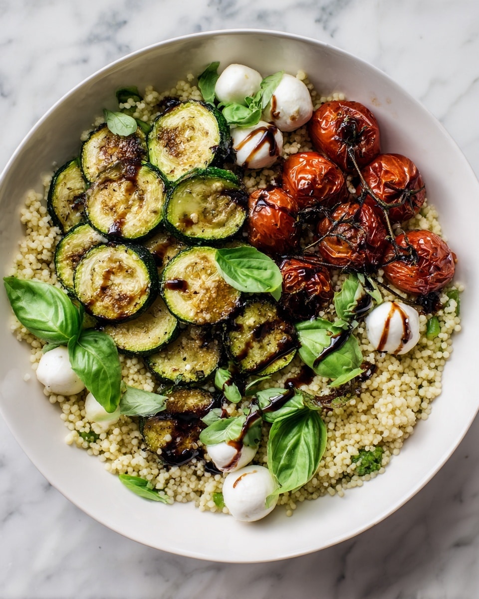 A white bowl is filled with a base of small, round, beige couscous grains. On top of the couscous, there are slices of grilled green zucchini with light brown grill marks scattered across. Small white mozzarella balls are spread within the bowl, some drizzled with dark balsamic glaze. Bright red roasted cherry tomatoes still on the vine sit on one side, some with shiny skins and hints of slight charring. Fresh chopped green herbs, mainly basil, are sprinkled all over the dish, adding bursts of green color. The bowl sits on a white marbled surface, and there is a fork resting inside the bowl near the top edge. Photo taken with an iphone --ar 4:5 --v 7