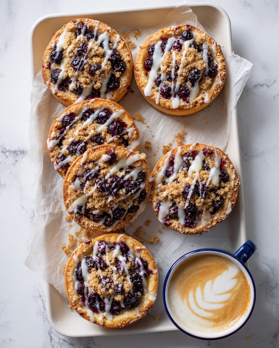 A white rectangular baking dish holds six round pastries with three layers: a golden-brown puffed dough base, a thick middle layer filled with shiny dark blueberries, and a top crumbly layer mixed with crushed nuts and brown sugar, all drizzled with a creamy white glaze. The pastries are arranged in two rows, closely touching each other, with some glaze spilling over onto the baking paper lining the dish. The dish sits on a white marbled surface next to a white cup with a blue handle, filled with cappuccino topped with frothy milk. Soft natural light highlights the textures and colors of the pastries. photo taken with an iphone --ar 4:5 --v 7