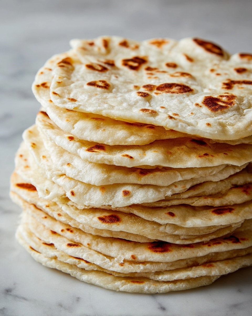 A tall stack of thin flatbreads is shown, each layer light beige in color with small brown toasted spots. The flatbreads look soft and slightly wrinkled with uneven round edges, layered closely on top of each other. The stack sits on a white marbled surface with soft natural light highlighting the texture and browning of the flatbreads. Photo taken with an iphone --ar 4:5 --v 7