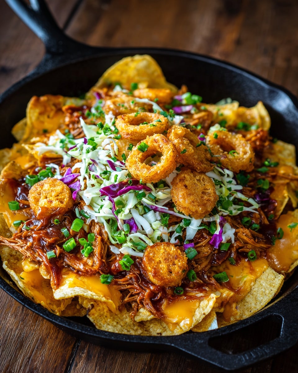 A black pan lined with white parchment paper holds one layer of yellow tortilla chips topped with melted orange cheese. On top, there is a thick layer of shredded brown BBQ chicken darkly glazed with sauce. A mix of shredded white and purple cabbage covers much of the chicken, sprinkled with small pieces of bright green chopped onions. A few golden, crispy onion rings sit on top, adding a crispy texture. The dish is placed on a dark wooden surface. Photo taken with an iphone --ar 4:5 --v 7